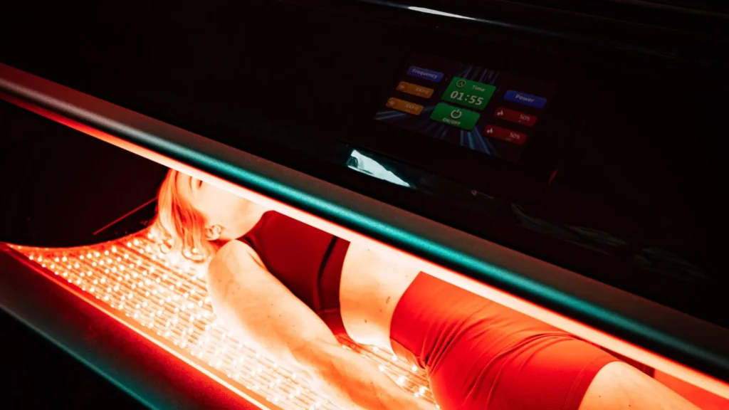 a sleek, modern therapy room is illuminated by precise red led devices emitting vibrant monochromatic light, showcasing the advanced technology used for effective skin treatment and highlighting the clinical precision of red light therapy. How does led therapy mechanism enable effective light emission