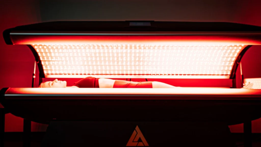 a modern clinical therapy room featuring sleek red light panels illuminating a patient on a treatment table, showcasing the innovative application of red light therapy for healing and recovery. What are the practical applications and therapeutic uses of red light therapy